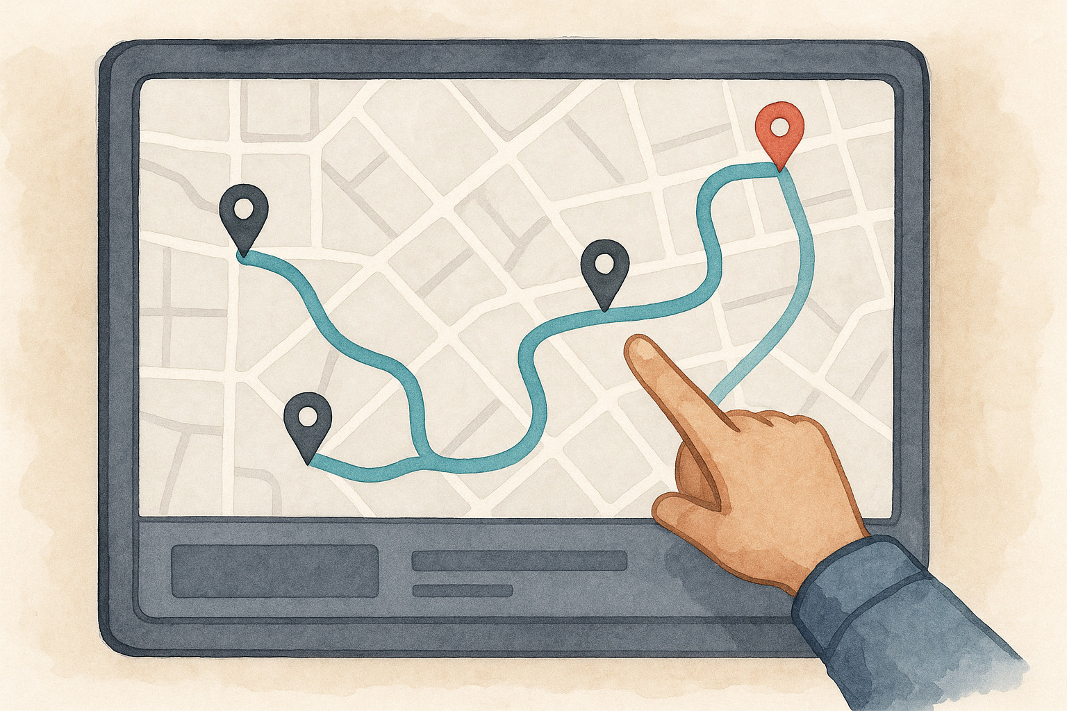 Digital map displaying optimized delivery route with hand pointing at screen