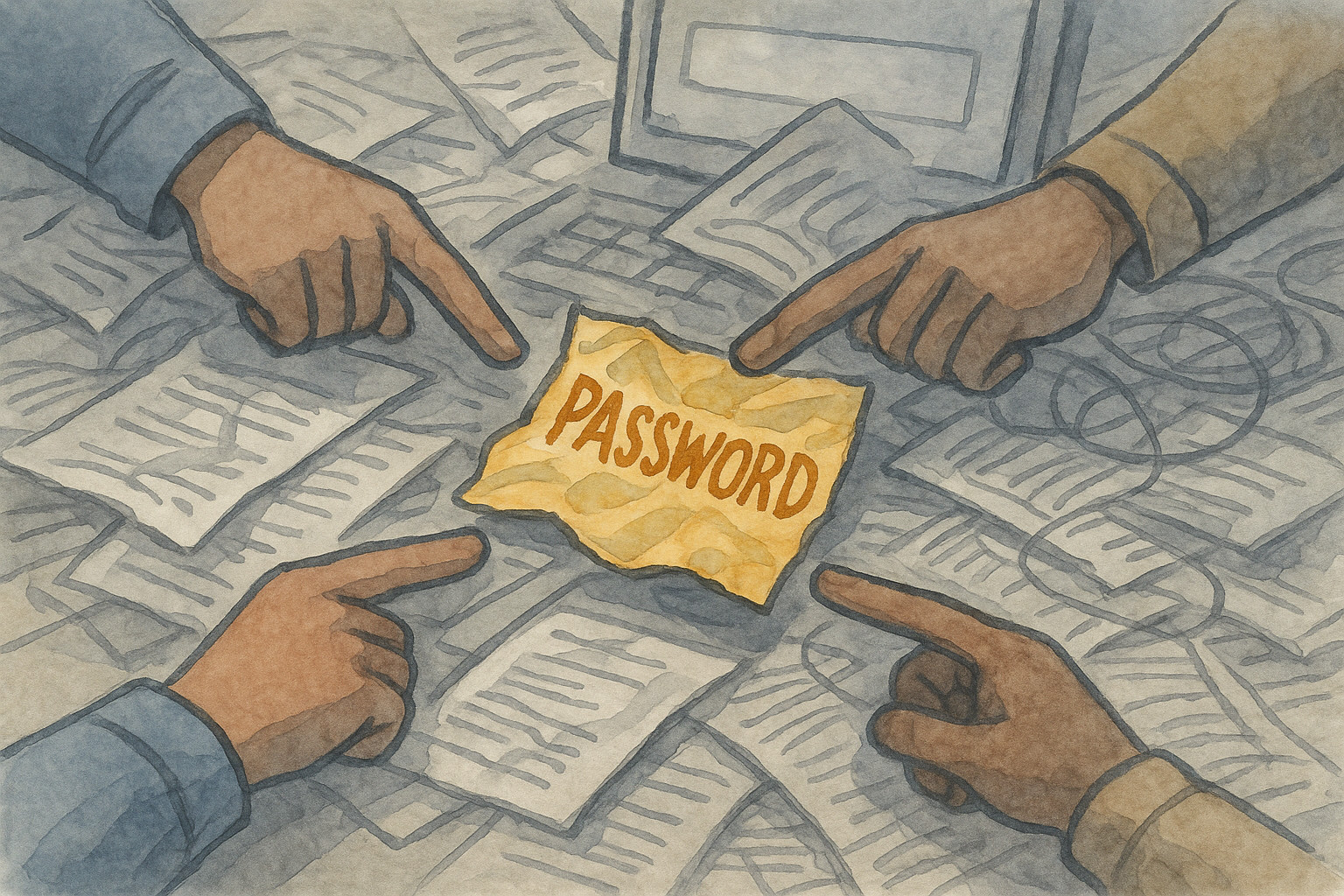 Multiple warehouse employees sharing a single password written on a sticky note