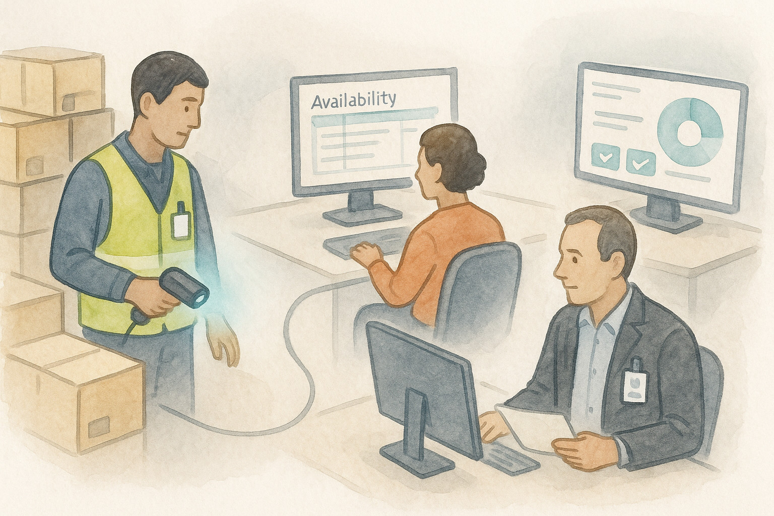 Three distinct workstations showing warehouse, sales, and management roles with individual access badges