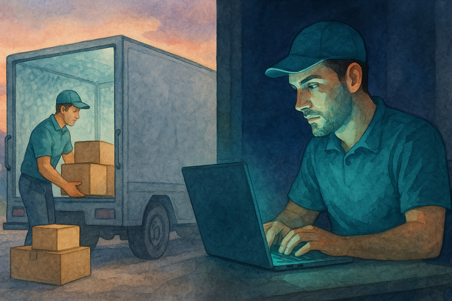 Person working on laptop after delivery day showing dual role as distributor and developer