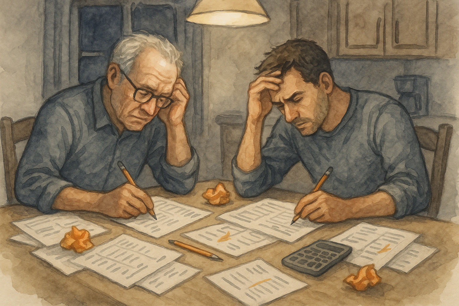 Father and son counting inventory on paper sheets at kitchen table