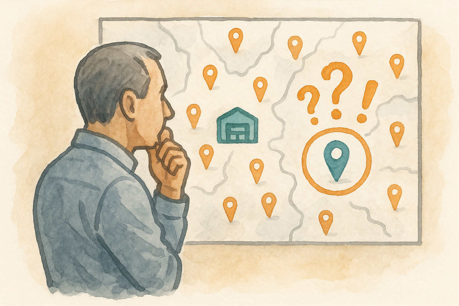 Business owner studying expansion map with potential second facility location